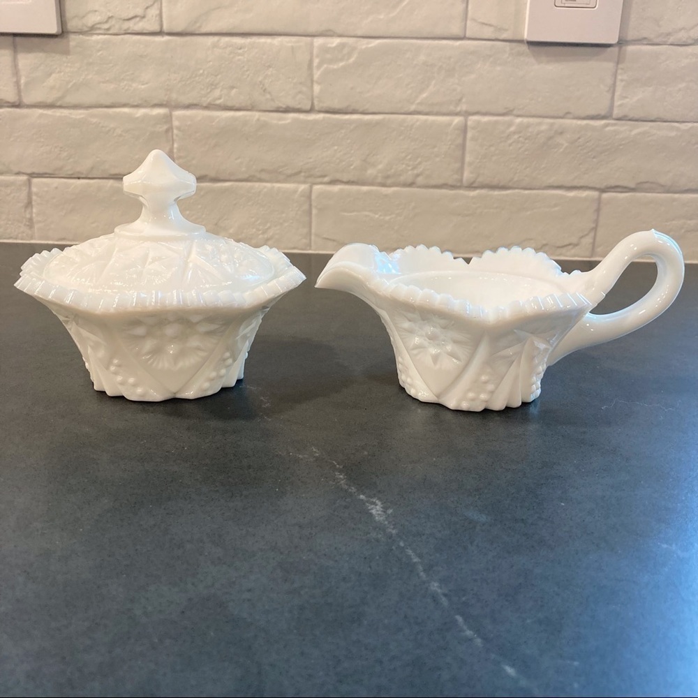 Vintage Kemple milk glass set sugar creamer cut glass set - Picture 2 of 14